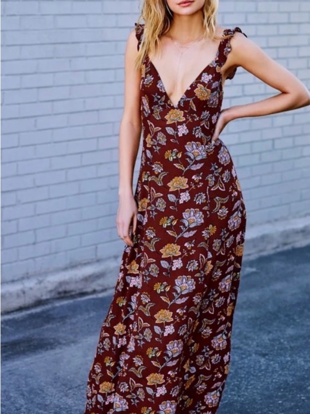 Deep V Floral Maxi Dress in Brown